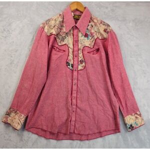 Vtg Tem-Tex Men Large Western Pearl Snap Shirt Floral Border Print Cranberry Red